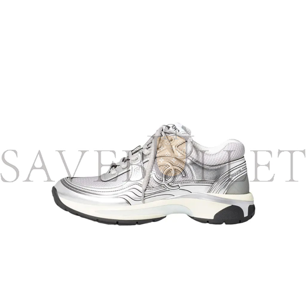 Ch*el fabric laminated calfskin stretch cc sneakers white silver g39792